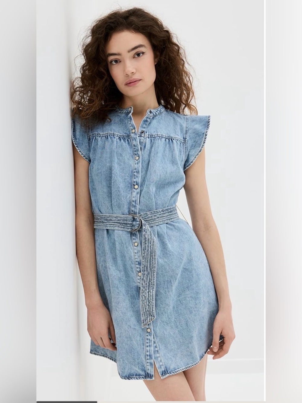 RAILS LETTA BELTED FLUTTER SLEEVE DENIM DRESS FADED INDIGO SIZE XS
